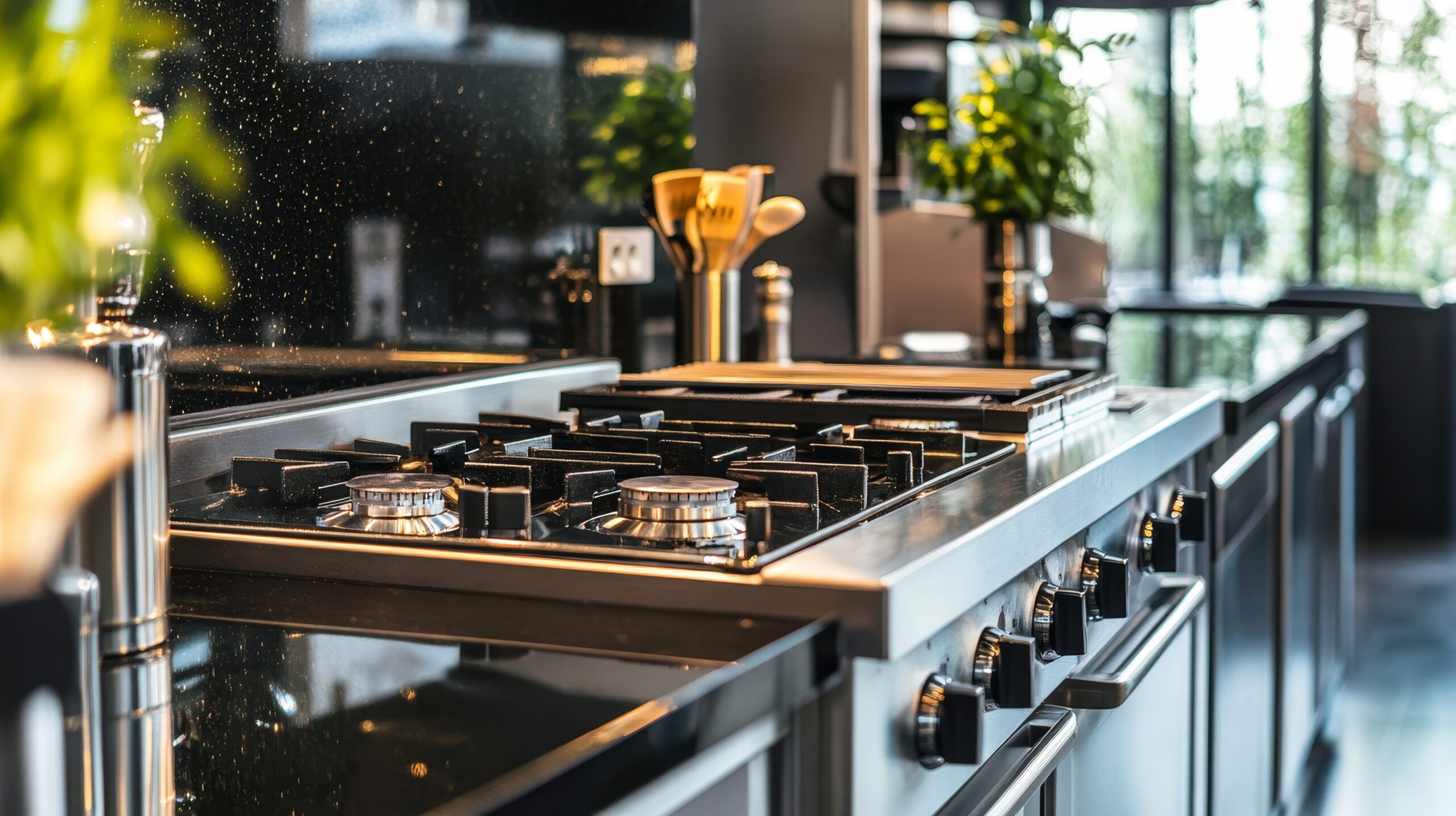 A modern kitchen featuring a sleek gas stove, designed for culinary activities and contemporary aesthetics.